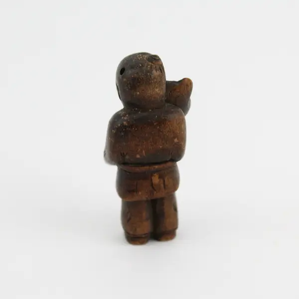 Hand Carved Wood Asian Miniature Male Holding A Feather Or Fan