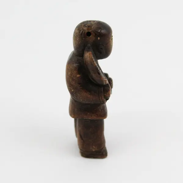 Hand Carved Wood Asian Miniature Male Holding A Feather Or Fan
