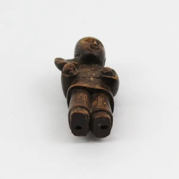 Hand Carved Wood Asian Miniature Male Holding A Feather Or Fan