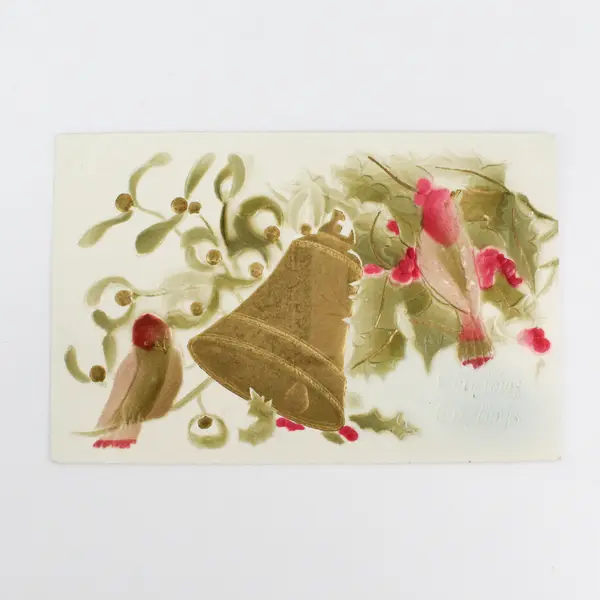 Vintage 1910 Christmas Greetings Bells Birds Embossed Postcard