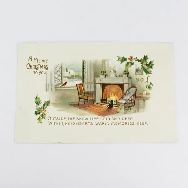 1909 A Merry Christmas To You Fireside Scene Holly Embossed Postcard 