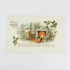 1909 A Merry Christmas To You Fireside Scene Holly Embossed Postcard 