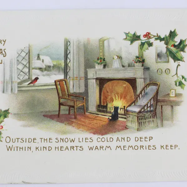 1909 A Merry Christmas To You Fireside Scene Holly Embossed Postcard 