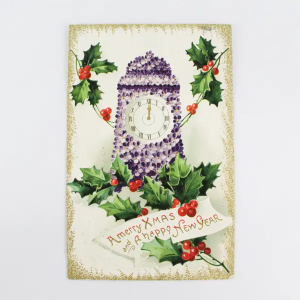 1911 A Merry Xmas And A Happy New Year Clock Holly Berries Embossed Postcard