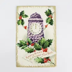 1911 A Merry Xmas And A Happy New Year Clock Holly Berries Embossed Postcard