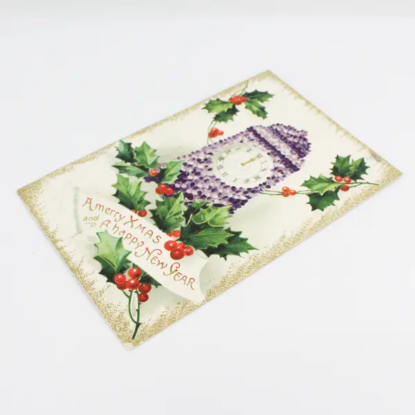 1911 A Merry Xmas And A Happy New Year Clock Holly Berries Embossed Postcard