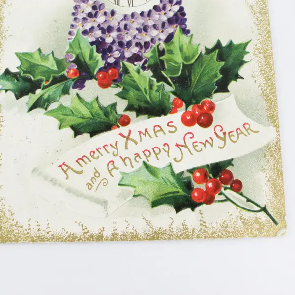 1911 A Merry Xmas And A Happy New Year Clock Holly Berries Embossed Postcard