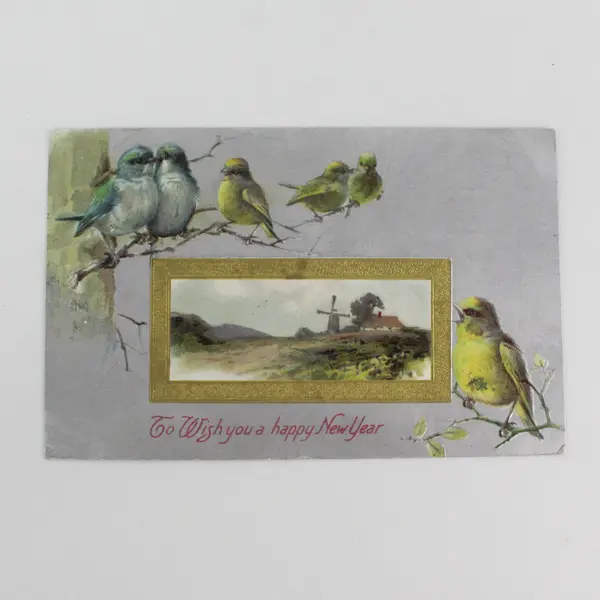 To Wish You A Happy New Year Birds Windmill Scene Embossed Postcard JB & Co 