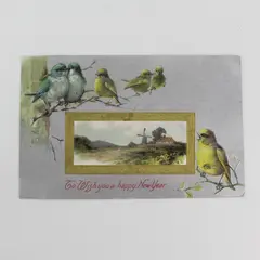 To Wish You A Happy New Year Birds Windmill Scene Embossed Postcard JB & Co 