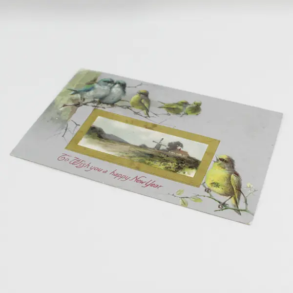 To Wish You A Happy New Year Birds Windmill Scene Embossed Postcard JB & Co 