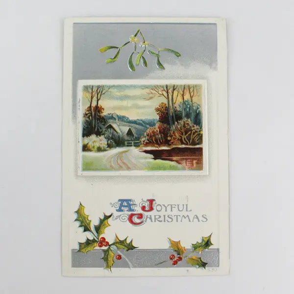 Vintage 1910 A Joyful Christmas Holly Mistletoe Rural Scene Embossed Postcard