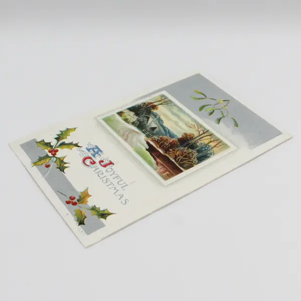 Vintage 1910 A Joyful Christmas Holly Mistletoe Rural Scene Embossed Postcard