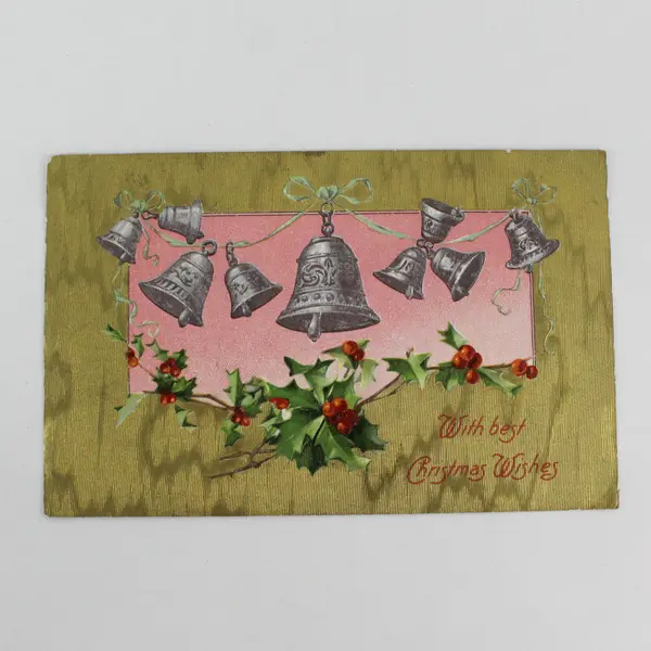 Vintage 1909 With Best Christmas Wishes Bells Holly Embossed Postcard