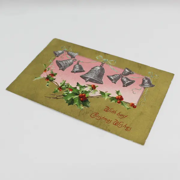 Vintage 1909 With Best Christmas Wishes Bells Holly Embossed Postcard