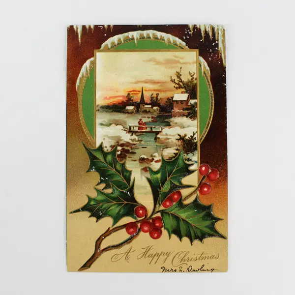 1907 A Happy Christmas Holly Snowy Village Scene Embossed Postcard 