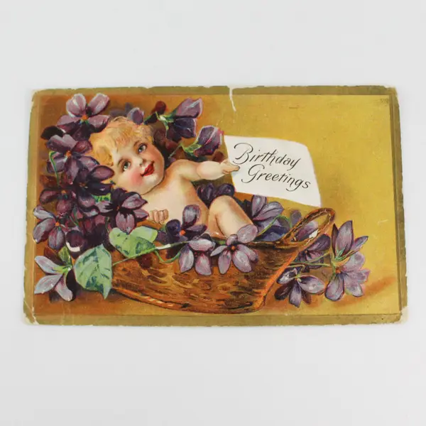 Vintage 1911 Birthday Greeting Baby In Basket Of Violets Postcard Copp E Nash