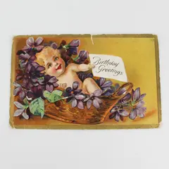 Vintage 1911 Birthday Greeting Baby In Basket Of Violets Postcard Copp E Nash