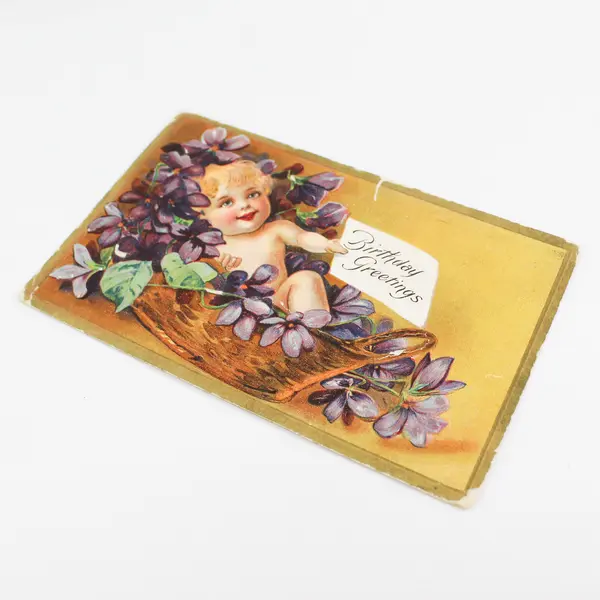 Vintage 1911 Birthday Greeting Baby In Basket Of Violets Postcard Copp E Nash