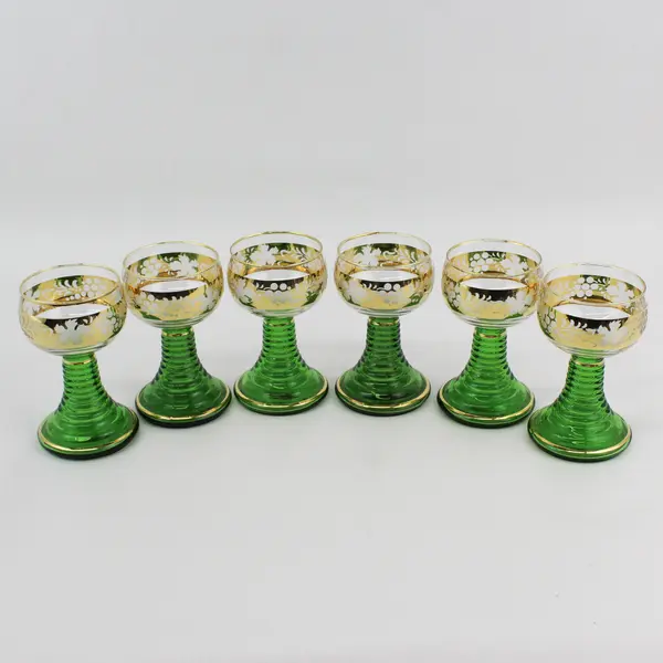 Set of 6 Romer Green Beehive Stem Wine Glasses Floral Pattern On Gold