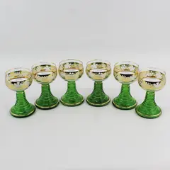 Set of 6 Romer Green Beehive Stem Wine Glasses Floral Pattern On Gold