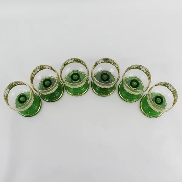 Set of 6 Romer Green Beehive Stem Wine Glasses Floral Pattern On Gold