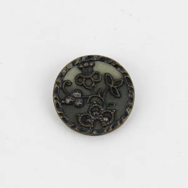 Antique Faceted Metal Rhinestone Botanical Design Shank Button 5/8"