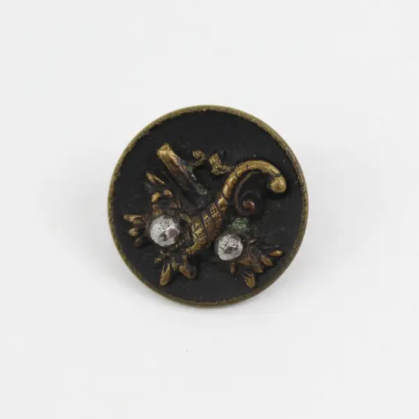 Antique Faceted Brass-Colored Metal Rhinestone Botanical Shank Button 5/8"
