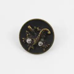 Antique Faceted Brass-Colored Metal Rhinestone Botanical Shank Button 5/8"