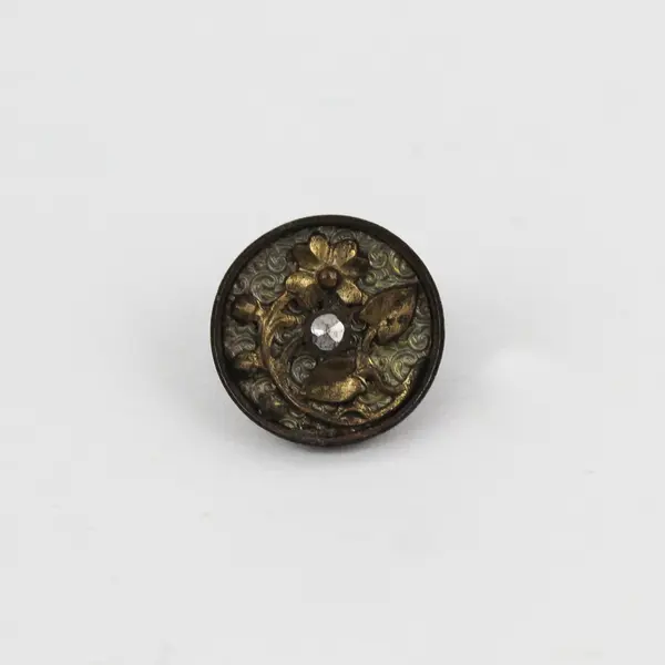 Antique Faceted Brass-Colored Metal Rhinestone Floral Shank Button 5/8"
