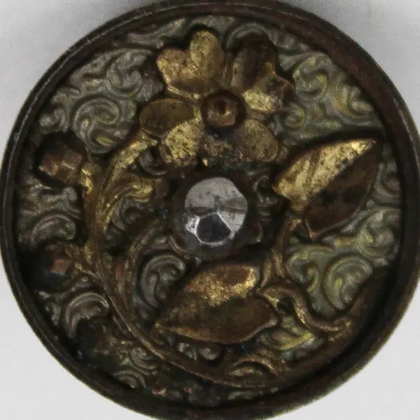 Antique Faceted Brass-Colored Metal Rhinestone Floral Shank Button 5/8"