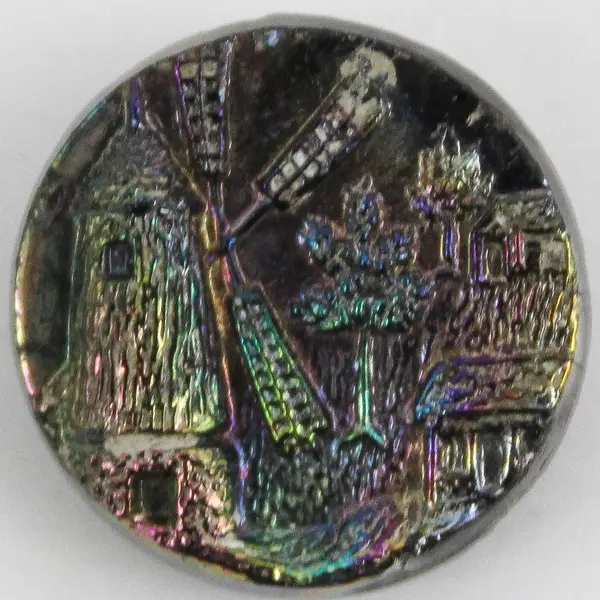 Antique Victorian Black Glass Carnival Luster Windmill Design Shank Button 3/4"