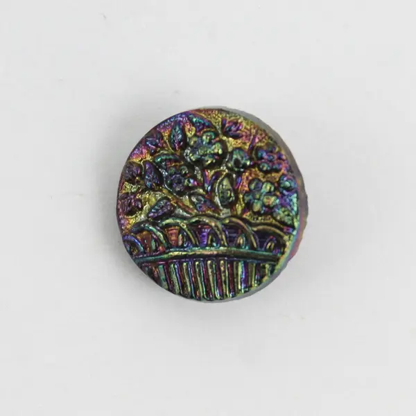 Antique Victorian Black Glass Carnival Luster Floral Design Shank Button 5/8"