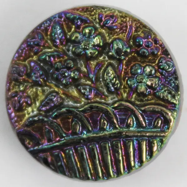 Antique Victorian Black Glass Carnival Luster Floral Design Shank Button 5/8"