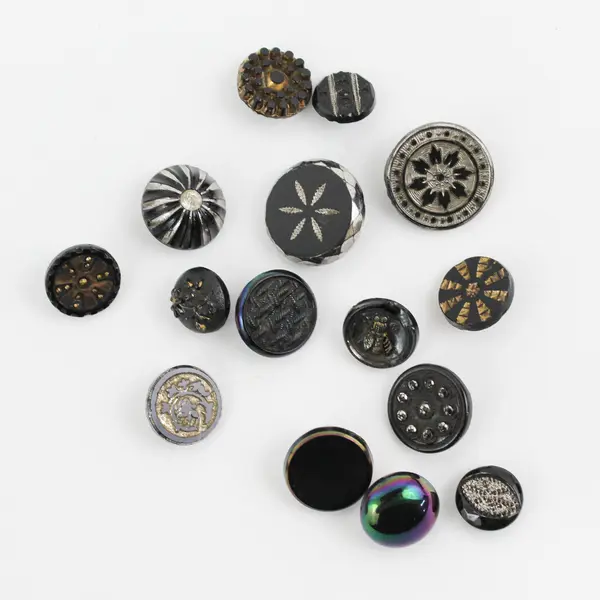 Lot of 15 Antique Victorian Black Glass Shank Buttons 1/2" to 3/4"