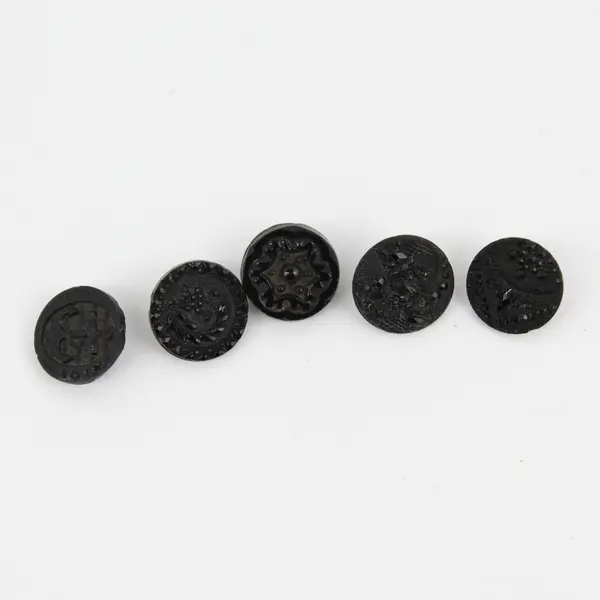 Lot of 10 Antique Victorian Ornate Black Glass Shank Buttons 1/2"