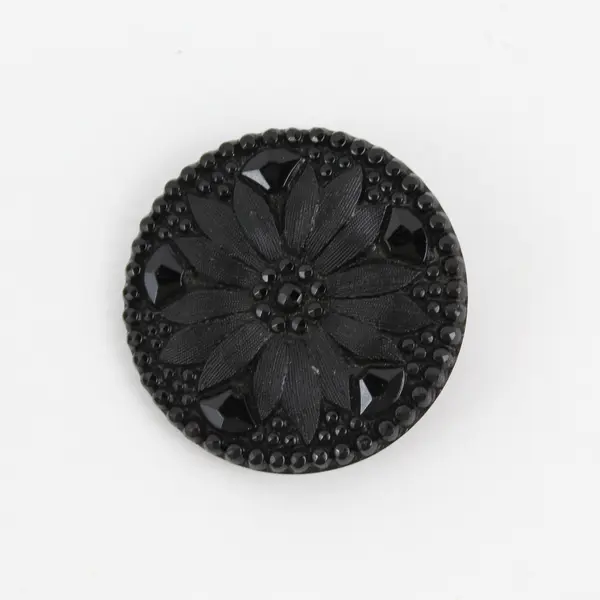 Antique Victorian Black Glass Faceted Floral Design Button 1-1/4"