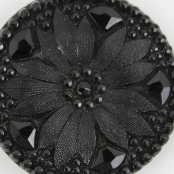 Antique Victorian Black Glass Faceted Floral Design Button 1-1/4"