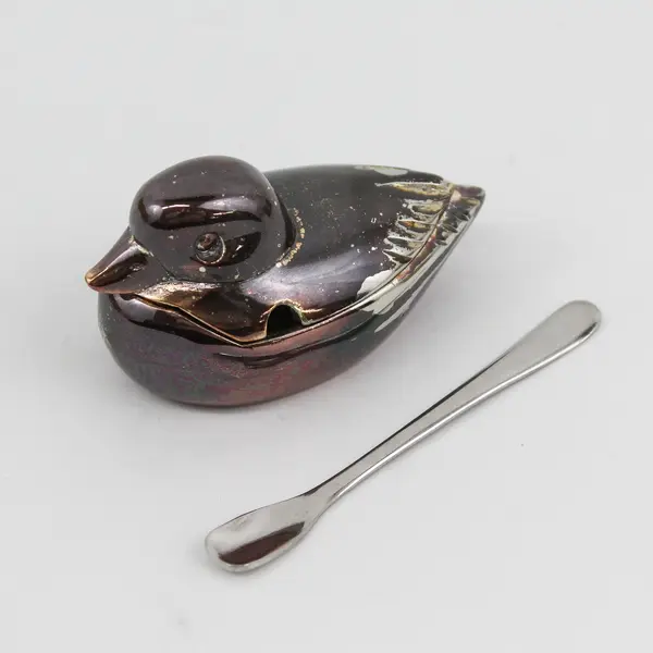 Vtg Mini Bronze Tone Metal Duck Salt Cellar with Lid and Spoon Made In Japan 