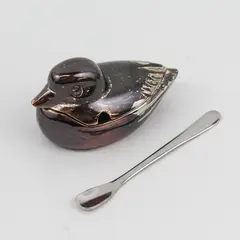 Vtg Mini Bronze Tone Metal Duck Salt Cellar with Lid and Spoon Made In Japan 