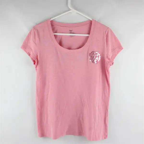 Gap Solid Pink Color Sequin Rose Short Sleeve T-Shirt 100% Cotton Women's Size M