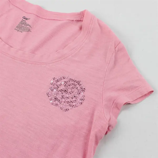 Gap Solid Pink Color Sequin Rose Short Sleeve T-Shirt 100% Cotton Women's Size M
