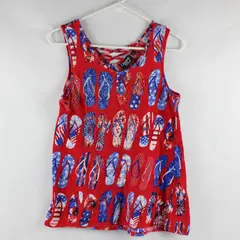 Onque Casual Red/White/Blue Flip-Flop Print Sleeveless Top 100% Cotton Women's L