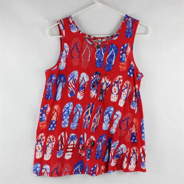 Onque Casual Red/White/Blue Flip-Flop Print Sleeveless Top 100% Cotton Women's L