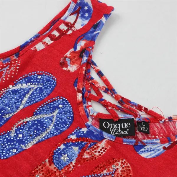 Onque Casual Red/White/Blue Flip-Flop Print Sleeveless Top 100% Cotton Women's L