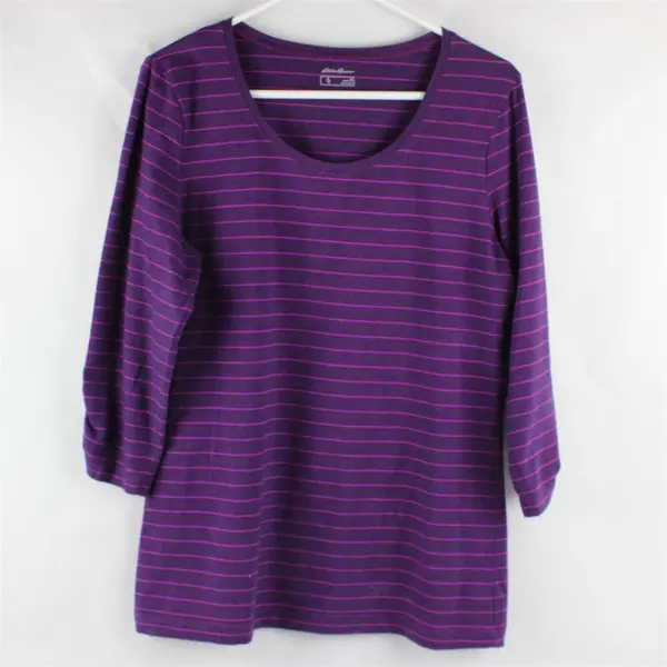 Eddie Bauer Purple Horizontal Striped Quarter Length Sleeve Top Women's Size M