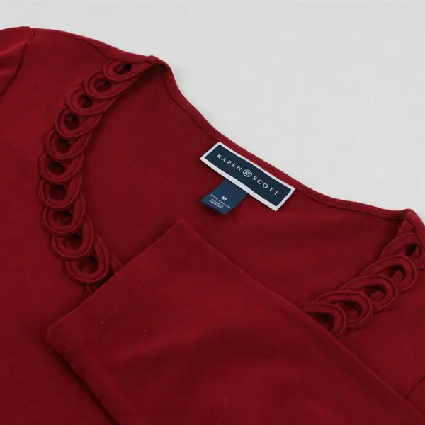 Karen Scott Solid Red Color Quarter Length Sleeve Top 100% Cotton Women's Size M