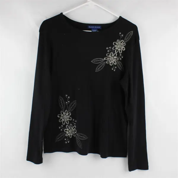 Karen Scott Black Beaded Floral Long Sleeve Shirt Top 100% Cotton Women's Size M