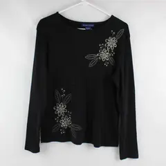 Karen Scott Black Beaded Floral Long Sleeve Shirt Top 100% Cotton Women's Size M