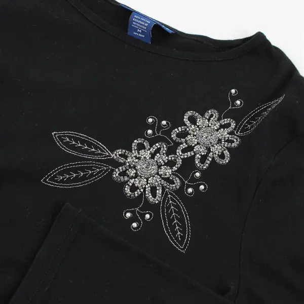 Karen Scott Black Beaded Floral Long Sleeve Shirt Top 100% Cotton Women's Size M