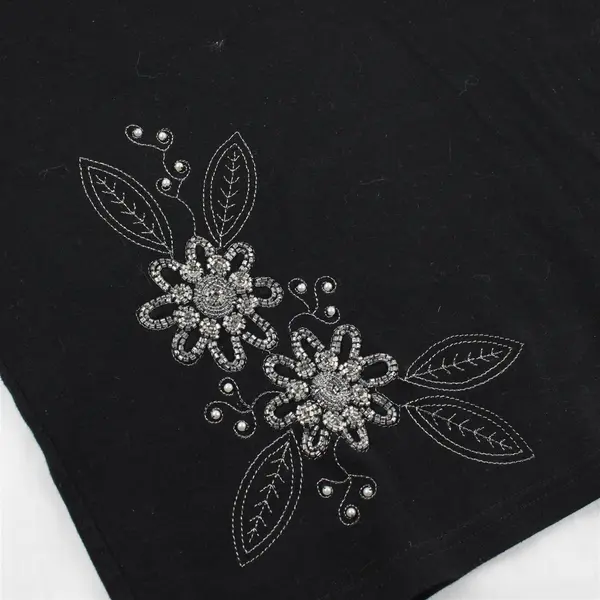 Karen Scott Black Beaded Floral Long Sleeve Shirt Top 100% Cotton Women's Size M